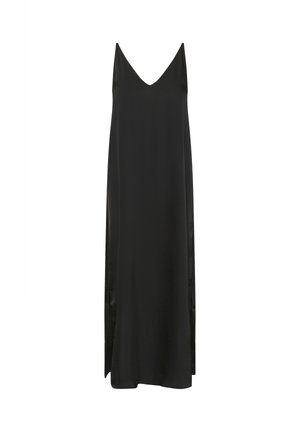 Robe longue noire sans manches avec décolleté en V et fentes latérales, confectionnée dans un tissu lisse et fluide.