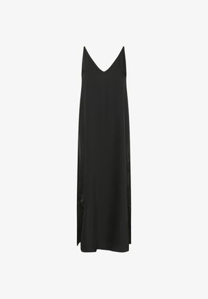 Black sleeveless maxi dress with V-neck and side slits, made of smooth, flowing fabric.