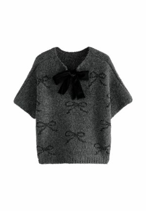Grey knitted sweater featuring short sleeves, a V-neck, and black velvet bow detail, with a pattern of dark bows across the front.