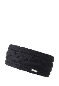 Bandeau en tricot noir avec un motif tressé, texture épaisse et une petite étiquette métallique. Convient pour le temps froid.