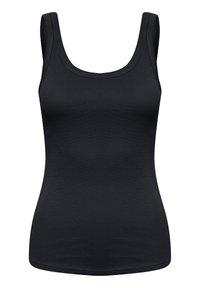 Musta ribbed-toppi, jossa on pyöreä pääntie, hihaton muotoilu ja vartalonmyötäinen siluetti. Sujuva pinta, ei havaittavia kuvioita tai yksityiskohtia.
