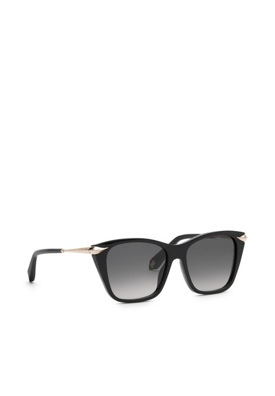 Lunettes de soleil œil de chat noires avec verres dégradés gris foncé et accents dorés sur les branches et les coins supérieurs de la monture.
