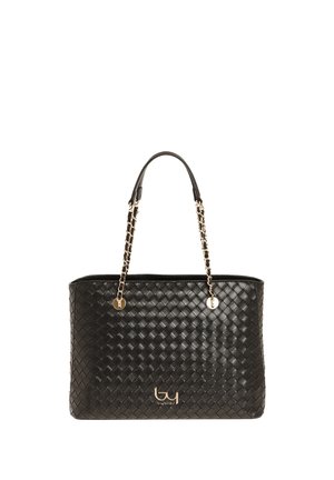 Borsa a tracolla nera in pelle intrecciata con manici a catena dorata e un piccolo logo dorato nella parte inferiore centrale.