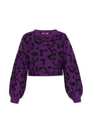 Lila kurzes Sweatshirt mit einem schwarzen Leopardenmuster, langen puffigen Ärmeln und einem runden Ausschnitt. Weiche Stricktextur.