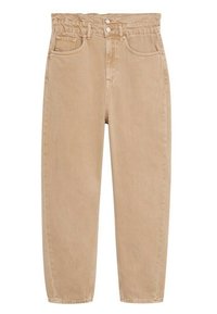 Jean beige taille haute avec deux poches avant, une poche à pièces, des passants pour ceinture, une fermeture par bouton et des jambes droites fuselées.