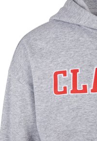 Grijze katoenen hoodie met een zachte textuur, voorzien van een opvallende rode tekst "CLASS". Het ontwerp heeft een klassieke capuchon en een casual pasvorm.
