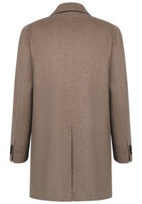 Brauner Wollmantel mit taillierter Passform, Reverskragen und einfacher Schlitz; besitzt schwarze Knöpfe an den Ärmeln und eine dezente Textur.