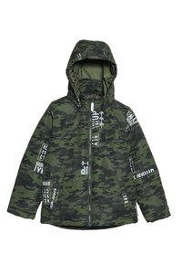 Kamuflagejakke i nuancer af grøn med hvide tekstdetaljer, lynlås, hætte og sidelommer. Fremstillet af et glat, let materiale.