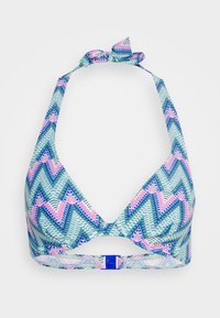 Top de bikini triangular com um padrão em zigzag azul e rosa, feito de um tecido com textura suave. Possui alças ajustáveis e fecho tipo clasp.