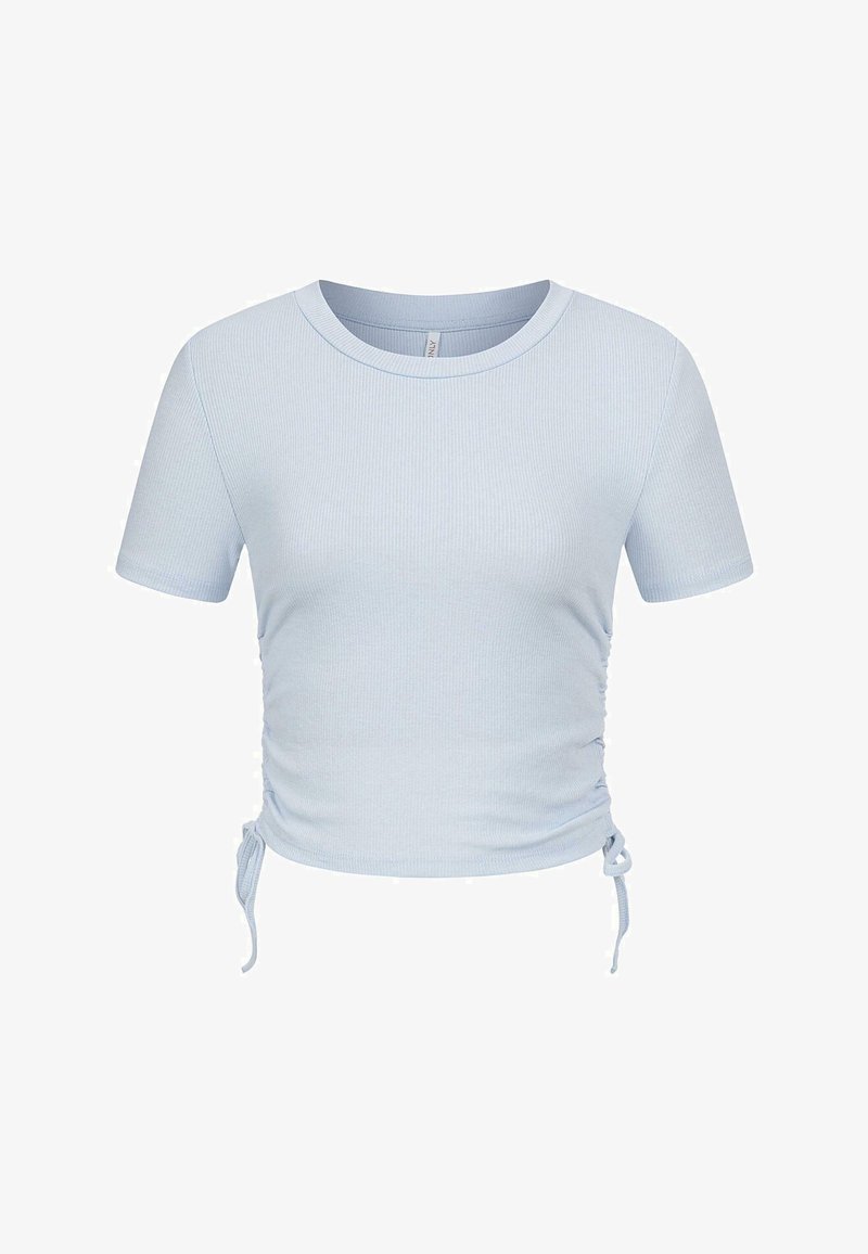 Világoskék bordázott, rövid ujjú felső kerek nyakrésszel és állítható zsinóros oldalakkal a testreszabható illeszkedés érdekében. Puha, strukturált anyag.