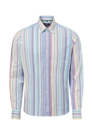 Hemd mit langen Ärmeln, aus Baumwolle gefertigt. Verfügt über vertikale Streifen in Pastellfarben: Blau, Pink, Gelb und Lavendel. Kleine Brusttasche.