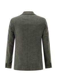 Dark green, textured blazer with a notched collar. Long sleeves feature button accents. Simple, streamlined design with a subtle pattern.