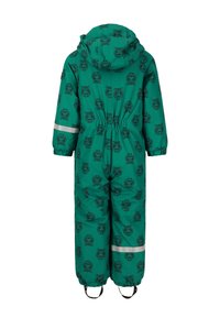 Groene geïsoleerde overall met zwart dierenprint, elastische taille, capuchon en reflecterende strepen op de mouwen. Bevat bootsstraps bij de enkels.