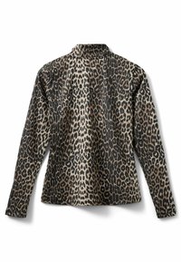 Camisa de manga larga de estampado de leopardo con una combinación de colores negro y marrón, textura suave y cuello con solapa, vista desde la parte posterior.