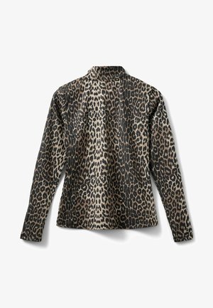 Leopardų rašto ilgos rankovės marškiniai, pasižymintys juodos ir smėlio spalvų deriniu, lygiu paviršiumi ir apykakle, rodomi iš nugaros.