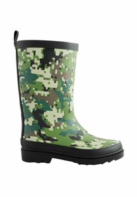 Botte de pluie camouflage aux tons verts et bruns avec une finition brillante, semelle en caoutchouc noir et semelle texturée pour une meilleure adhérence.