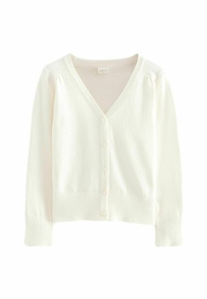 Cardigan blanc à col en V avec manches longues, fermeture boutonnée sur le devant, poignets et ourlet côtelés, et légers fronces aux épaules.