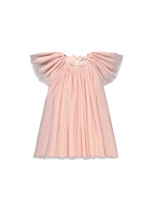 Light pink dress made of soft, sheer fabric with a gathered neckline, short flutter sleeves, and a flowing, pleated design.