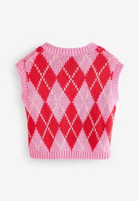 Ärmellose Strickweste mit einem roten und pinken Karomuster, geripptem Ausschnitt und Saum, glatter Textur und leichtem Design.