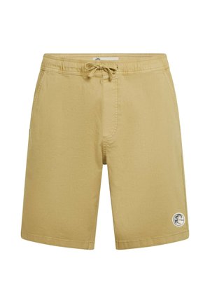 Beežid ujumispüksid elastse vöökohaga, paelaga ja küljetaskutega. Vasakul reiel on väike ümmargune logo.