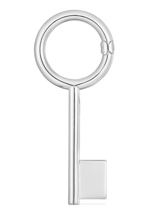 Clé en métal argenté avec un panneton rond et une dent rectangulaire, isolée sur fond blanc.