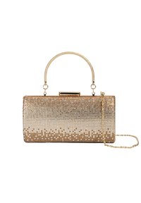 Rechteckige Clutch in Goldoptik, verziert mit Kristallapplikationen. Ausgestattet mit einem oberen Griff, Ketten-Schulterriemen und glatter Oberflächenstruktur.