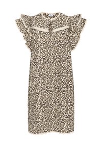 Leopardenmuster-Kleid in Beige mit braunen Punkten. Verfügt über Rüschensäume und Spitzenverzierungen an der Passe. Knopfverschluss vorne.
