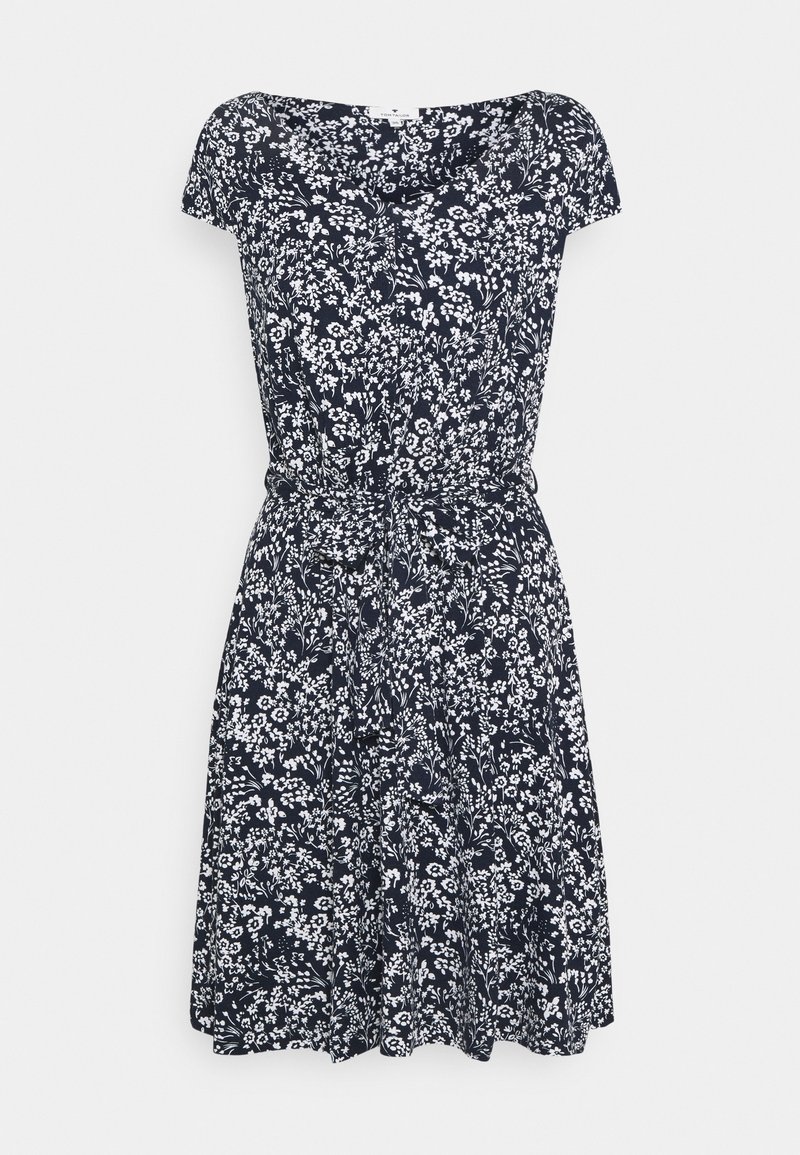 Robe bleu marine à manches courtes avec imprimé floral blanc, col rond, taille cintrée avec lien en tissu, et jupe longueur genou.