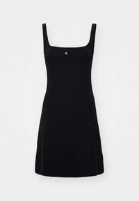 Black sleeveless dress with a square neckline, made from a smooth fabric. Features a small logo centered on the chest. Simple silhouette.