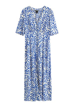 Hvid midi-kjole med blå blomsterprint, V-hals, korte ærmer og detaljer med rynket talje.