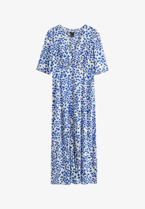 Hvid midi-kjole med blå blomsterprint, V-hals, korte ærmer og detaljer med rynket talje.