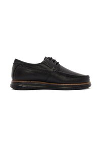 Chaussures en cuir noir avec une finition texturée, bout rond, six œillets et un contour marron contrastant le long de la semelle. Semelle en caoutchouc pour une meilleure traction.