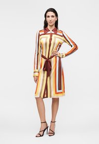 Γυναίκα που στέκεται, φορώντας μακριμάνικο, γόνατο μήκος ριγέ φόρεμα με δεμένη μέση και καφέ γιακά, σε συνδυασμό με μαύρα σανδάλια με ψηλά τακούνια.