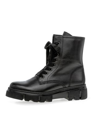 Botte de cheville en cuir noir avec un bout arrondi, semelle en caoutchouc robuste, lacets à l'avant et détails de couture ton sur ton. Présente un design élégant.