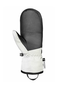 Schwarze Leder- und weiße Stoffhandschuhe mit einem eng anliegenden elastischen Bündchen, ausgestattet mit einem Haken zur einfachen Aufbewahrung. Wasserdichtes Design für den Einsatz im Winter.