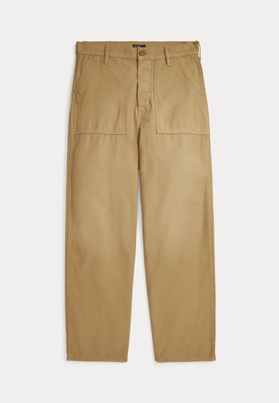 Beige casual pants with front patch pockets, belt loops, and straight legs, displayed flat on a white background.