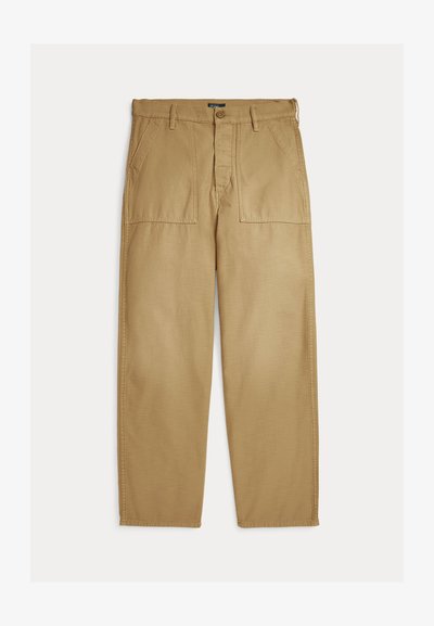 Beige casual pants with front patch pockets, belt loops, and straight legs, displayed flat on a white background.
