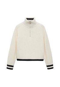Cream zip-up sweater with a high neck. Ribbed texture, cropped fit, and black stripe accents at the cuffs and hem. Soft, knitted fabric.