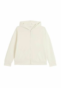 Kurtka z zamkiem błyskawicznym w kolorze off-white z kapturem i długimi rękawami, o gładkiej teksturze oraz ściągaczami przy rękawach i u dołu. Minimalistyczny design, bez wzorów.