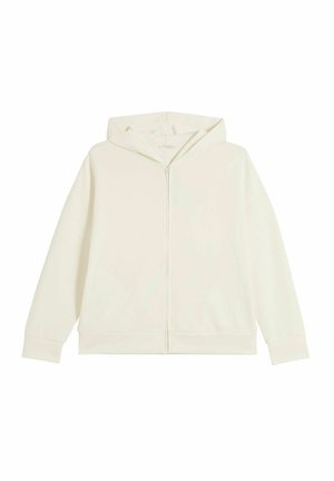 Crème kleurige zip-up hoodie met een capuchon en lange mouwen, voorzien van een gladde textuur en ribgebreide manchetten en zoom. Minimalistisch ontwerp, zonder patronen.