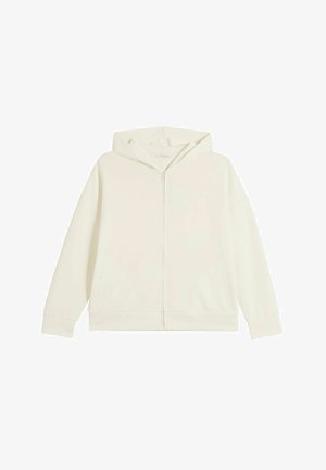 Crème kleurige zip-up hoodie met een capuchon en lange mouwen, voorzien van een gladde textuur en ribgebreide manchetten en zoom. Minimalistisch ontwerp, zonder patronen.