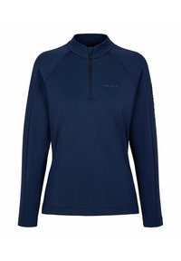 Marineblauer Pullover mit langen Ärmeln aus weichem Stoff, mit einem Halbreißverschluss-Kragen und gesticktem Logo auf der Brust, sowie Raglanärmeln.