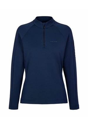 Pull-over à manches longues bleu marine en tissu doux, avec un col zippé mi-haut et un logo brodé sur la poitrine, doté de manches raglan.