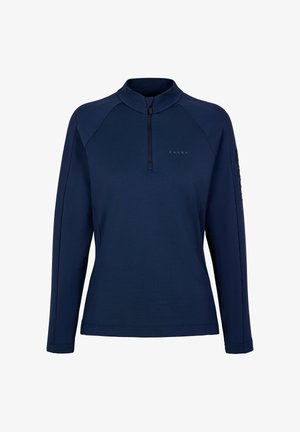 Navy long-sleeve pullover made of soft fabric, featuring a half-zip collar and embroidered logo on the chest, with raglan sleeves.