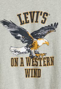 Levi's tekst met grote adelaar in vlucht, vleugels uitgespreid, klauwen uitgestrekt op een lichtgrijze stofachtergrond.