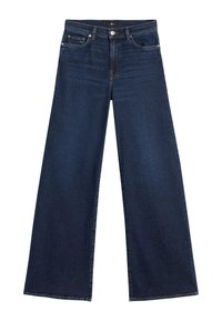 Jeansy z szerokimi nogawkami w ciemnym niebieskim kolorze, z wysokim stanem, przednimi kieszeniami i zapięciem na guziki. Materiał ma gładką, teksturowaną powierzchnię.