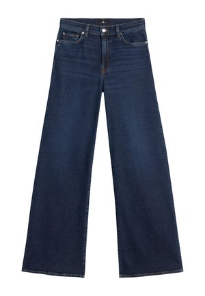 Jeansy z szerokimi nogawkami w ciemnym niebieskim kolorze, z wysokim stanem, przednimi kieszeniami i zapięciem na guziki. Materiał ma gładką, teksturowaną powierzchnię.