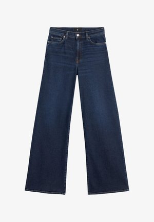 Wide-leg dark blue denim jeans with a high waistband, front pockets, and button fastening. The fabric features a smooth, textured finish.