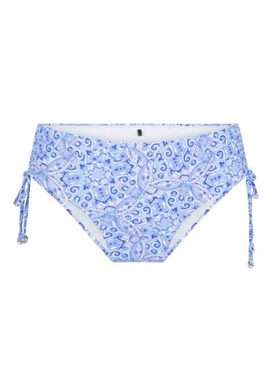 Parte inferiore di bikini blu con motivo paisley, lacci su entrambi i lati e una texture morbida. Progettata con una vestibilità a vita media e un interno liscio.
