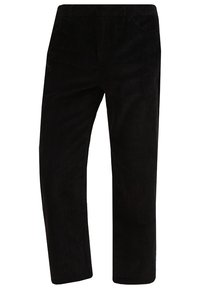 Svarta kordfläta byxor med rak passform, som har en vertikal ribbad textur och standard midjeutformning. Inga synliga detaljer eller accenter.